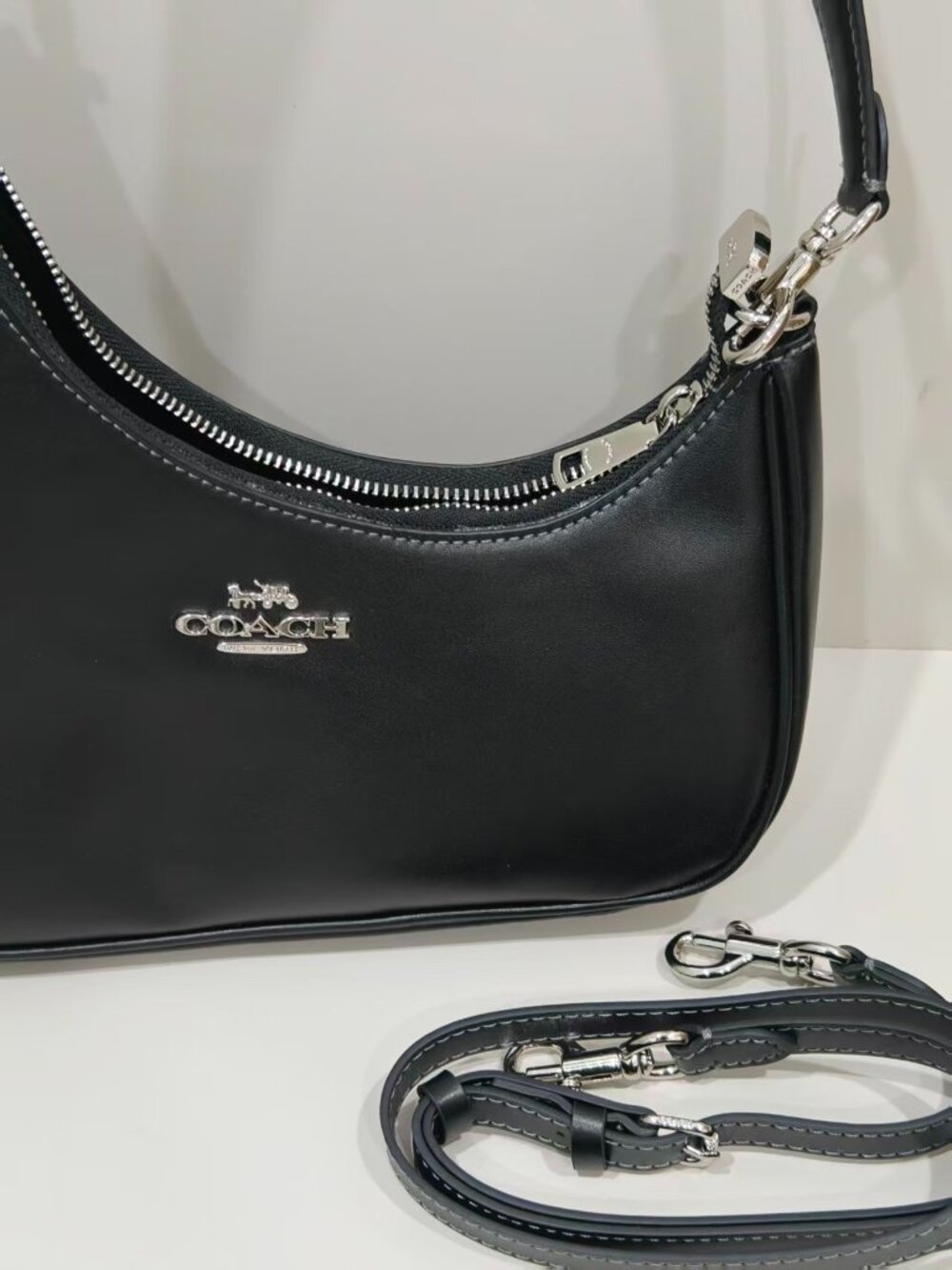 Coach Black Smooth Leather Baguette Bag with Two Straps Shoulder Crossbody Purse